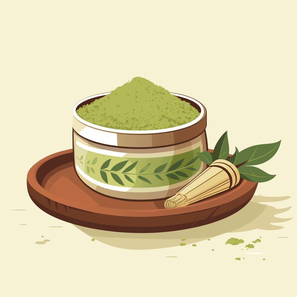 A container of matcha powder stored away from spices and other strong-smelling foods